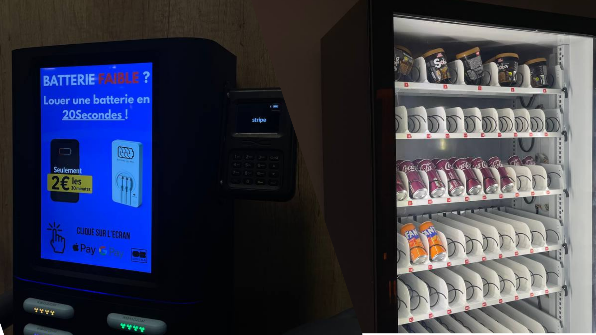 Écran d'une station BST Services Pro proposant la location de batterie externe, installée à côté d'un distributeur automatique
