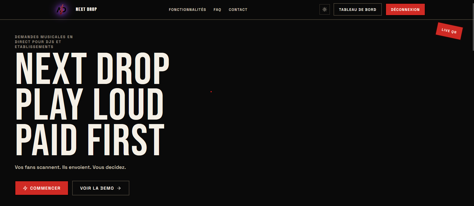 Page d'accueil NextDrop : Play loud, paid first