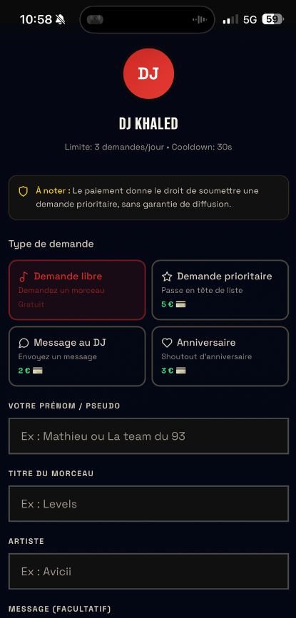 Formulaire de demande musicale NextDrop sur téléphone